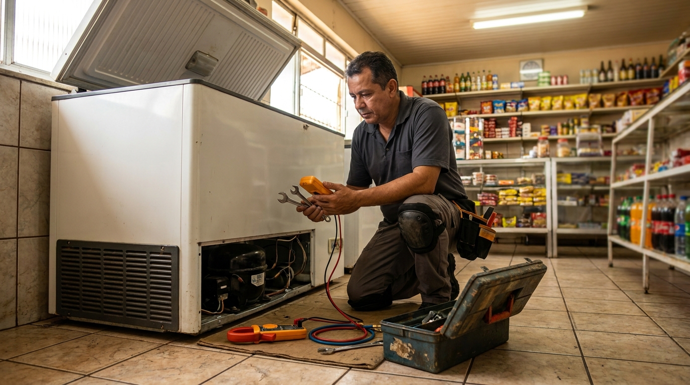 Técnico realizando manutenção de motor de freezer em São José dos Campos‑SP