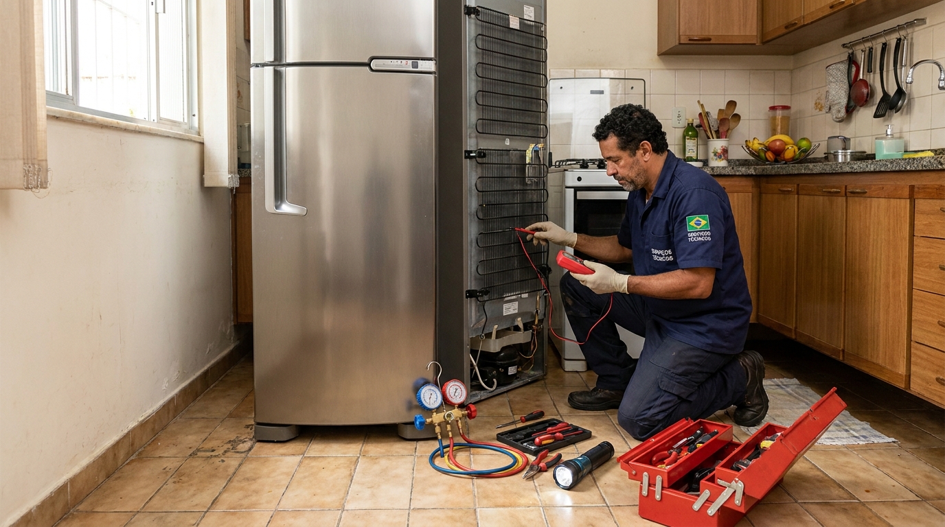 Técnico realizando manutenção de motor de geladeira em São José dos Campos‑SP